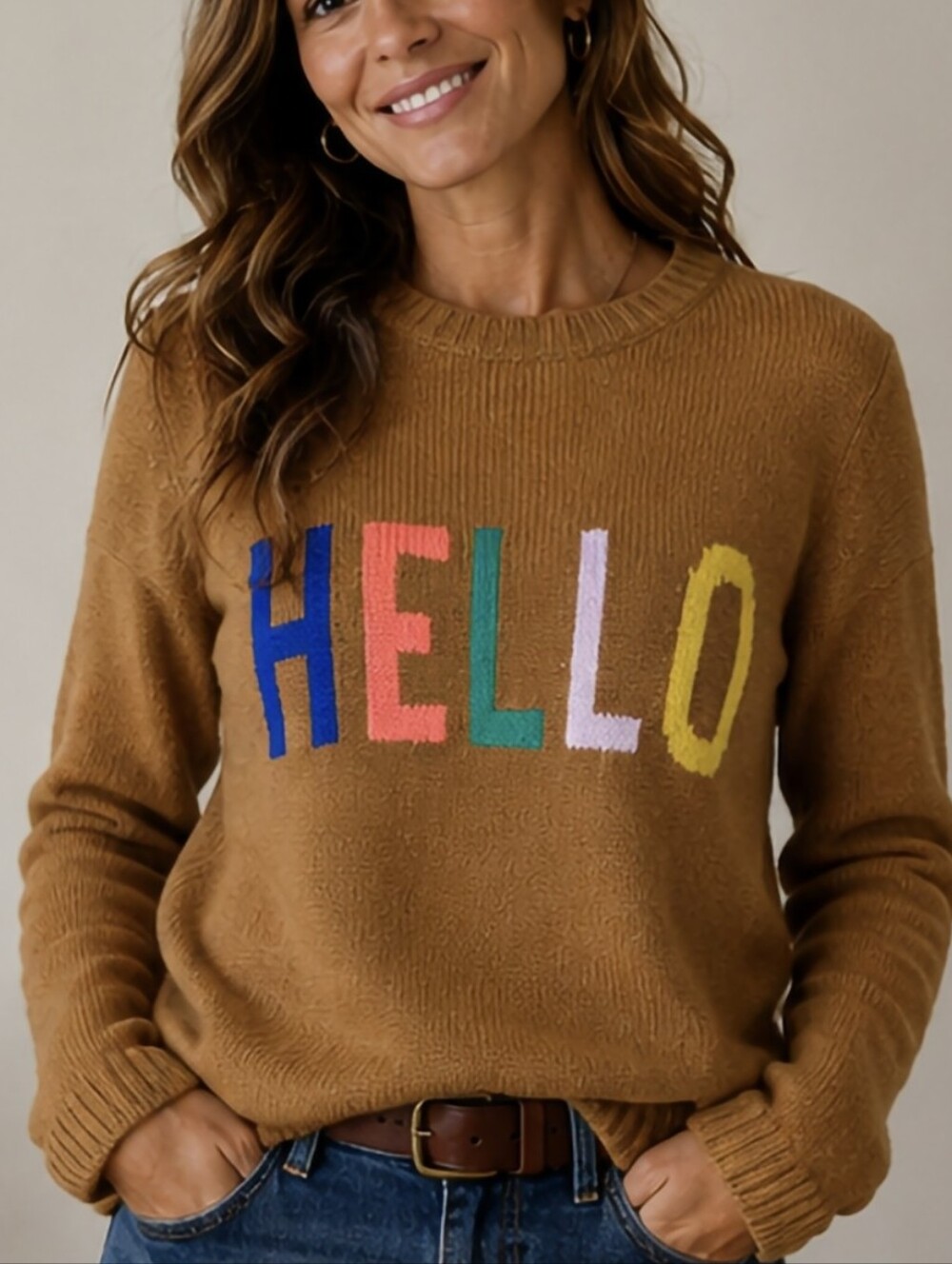 St. John’s Bay Brown HELLO Graphic Knit Sweater Multicolor Size Medium